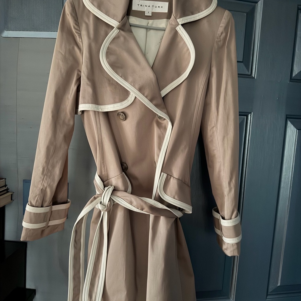 Trina Turk Taupe Trench Coat with Cream Trim